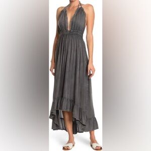 BOHO ME Open Back Plunge Neck Ombré Halter Dress in Charcoal